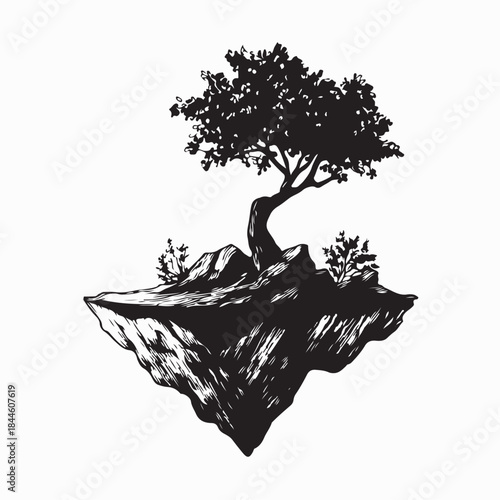 Lonely tree growing on a floating rock island in the sky silhouette vector