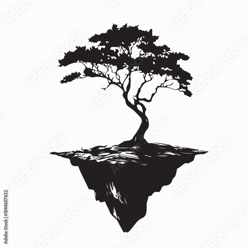 Lonely tree growing on a floating rock island in the sky silhouette vector