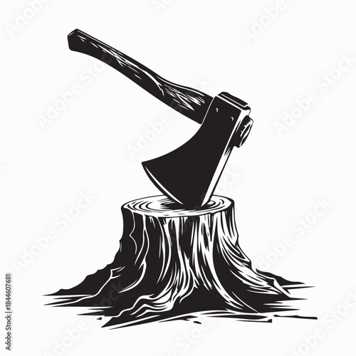 Axe Stuck Log Stock Vectors and Vector Art isolated on White Background