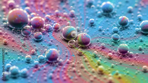 Colorful liquid surface covered in bubbles reflecting bright hues and patterns