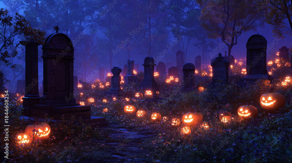 Obraz premium Pumpkins light graveyard path during Halloween night event