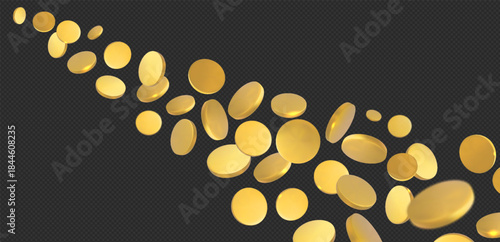 Cash flow of flying blank golden coins, transparent black background.