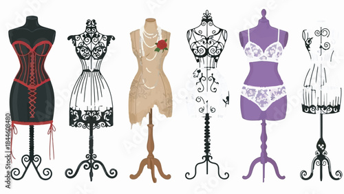 Set of Six Vintage Decorative Dress Form Mannequins with Lingerie and Jewelry Illustrations Isolated