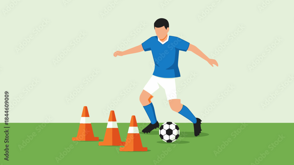 Fototapeta premium 3D vector illustration of an athletic boy footballer in action kicking a ball on the green grass during a soccer competition goal game play