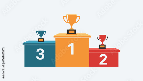 3D isolated golden trophy cup on a first place winner podium pedestal for sport competition victory achievement and success award