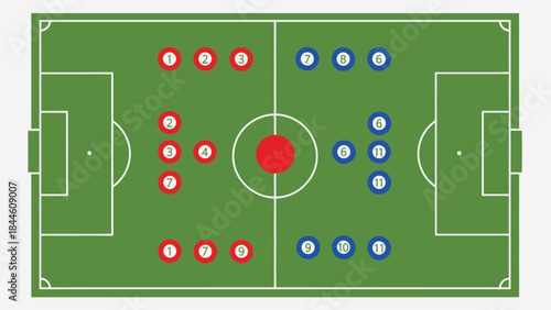 Vector illustration of a green grass football pitch and soccer field with a ball showing game strategy and team tactics on a sport stadium court pattern for championship competition play