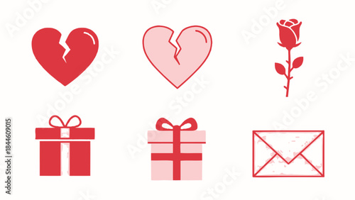 Vector illustration of a red Valentine gift box set with hearts and pink ribbons for a romantic holiday celebration