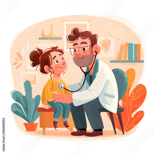 A doctor listening to a childs heart with a stethoscope