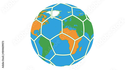 3D illustration of a global soccer ball featuring a blue world map with green continents isolated on a white background as an abstract concept of planet earth and international football