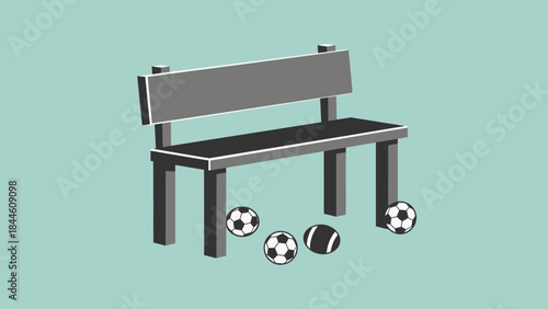 Bench and Footballs: A minimalist illustration of a bench accompanied by a collection of soccer balls, capturing a moment of rest or anticipation in a recreational setting.
