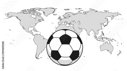Global Game: A soccer ball positioned prominently in front of a detailed world map, symbolizing the universal appeal and global reach of the sport.