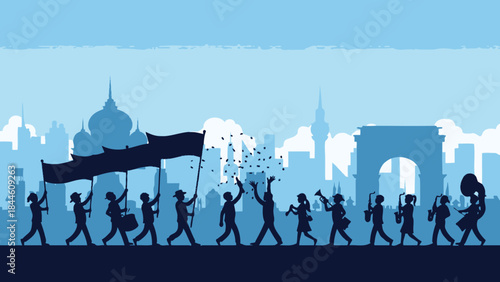 March of Silhouettes: A vibrant procession of silhouettes march forward, showcasing music and community spirit amidst an urban backdrop, representing togetherness and cultural heritage.