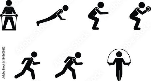 A collection of different fitness and workout exercises represented by stick figure icons