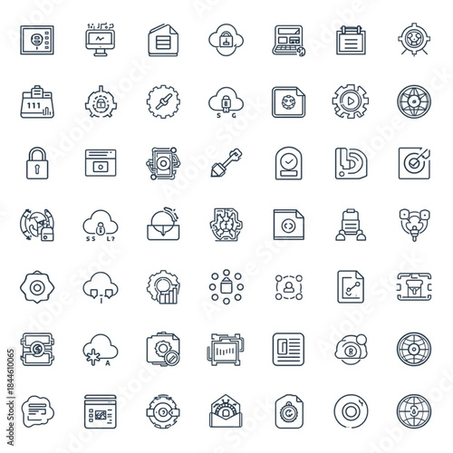 Cloud icons set: An assortment of cloud and tech-related icons in a grid format. Emphasizing digital concepts, data storage, and the evolution of modern technology.