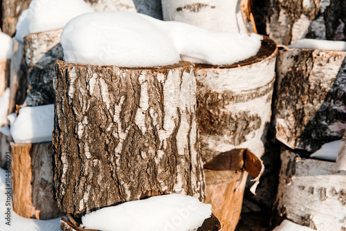 Winter collection of wood and firewood. The wooden trunks are cut into pieces lying on the snow.