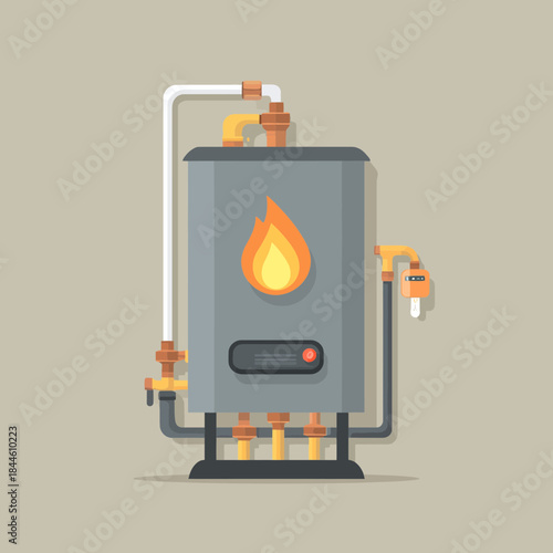 A flat illustration of a heating furnace with a burning flame