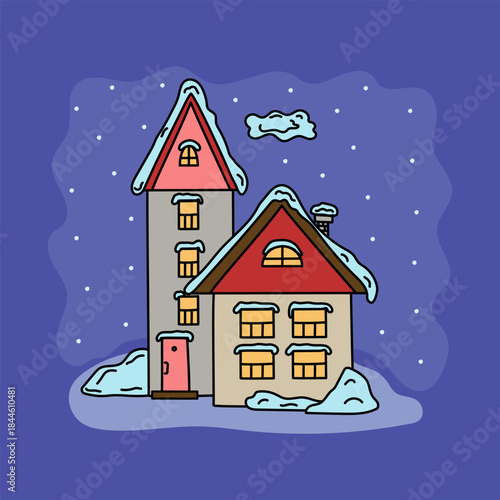Simple multicolored houses. Snow, snowfall, winter. Cartoon building with a chimney. Snow-covered buildings. Cartoon architecture. Drawing, doodle.
