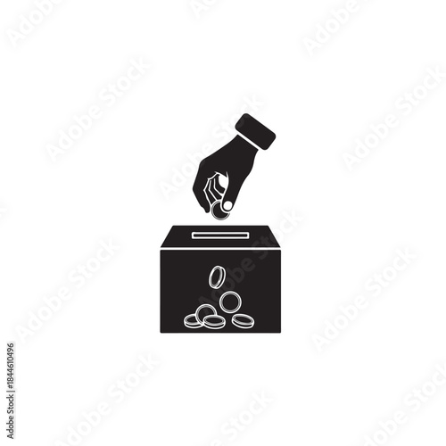 Charity Donation Box with Hand and Coins Silhouette Vector Icon