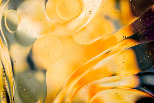 Close-up of the movement of oil droplets on the water surface. Colorful abstract macro background of oil drops on the water surface.