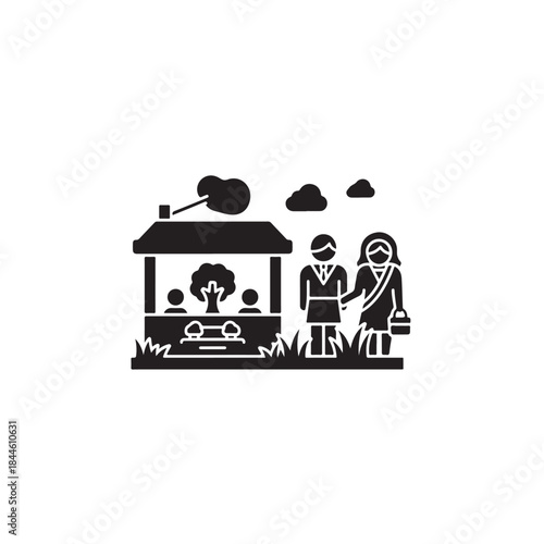 Rural Village Community Life with People and Nature Silhouette Vector