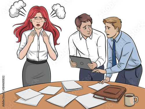 Stressed Woman with Steam and Angry Expression Facing Confused Male Colleagues, Illustrating Workplace Burnout and Team Conflict