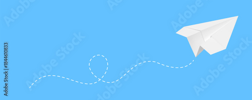 Realistic handmade paper plane with dotted air route line, vector 3d white sheet folded into airplane, origami aircraft