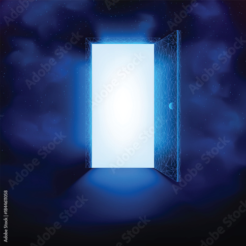 Open door, blue neon color, with mesh pattern and bright white light, on dark background with smoke effects and glowing particles.