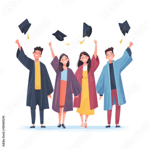 Four graduating students tossing their caps in celebration