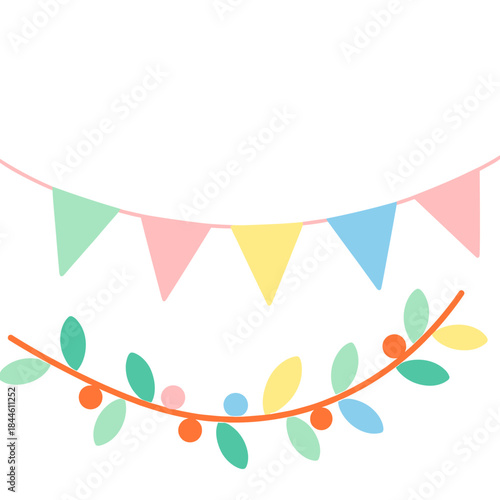 Colorful festive flags and garlands for celebration with empty space for text