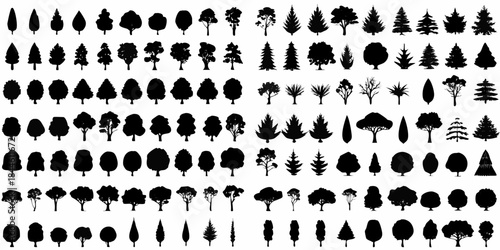 Collection of diverse silhouette trees in a grid pattern black and white
