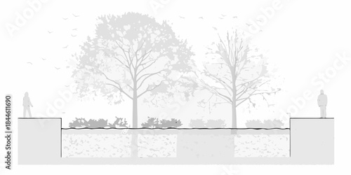 A minimalist landscape illustration featuring trees figures and architectural elements