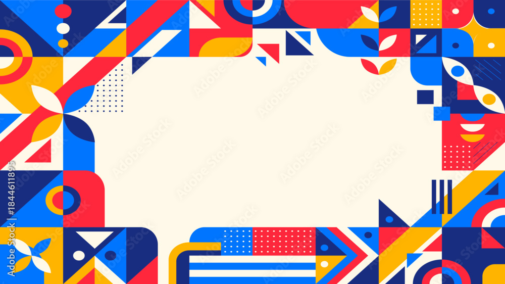 Fototapeta premium Modern abstract geometric pattern background showcasing a vibrant array of shapes, forming a dynamic frame with a clean central area for text or content, perfect for contemporary design applications