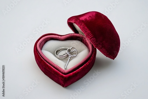 Elegant silver ring and key charm nestled in a luxurious red velvet heart box, symbolizing love