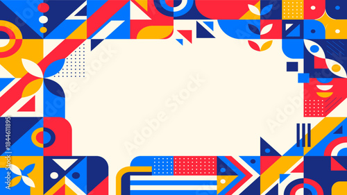 Modern abstract geometric pattern background showcasing a vibrant array of shapes, forming a dynamic frame with a clean central area for text or content, perfect for contemporary design applications