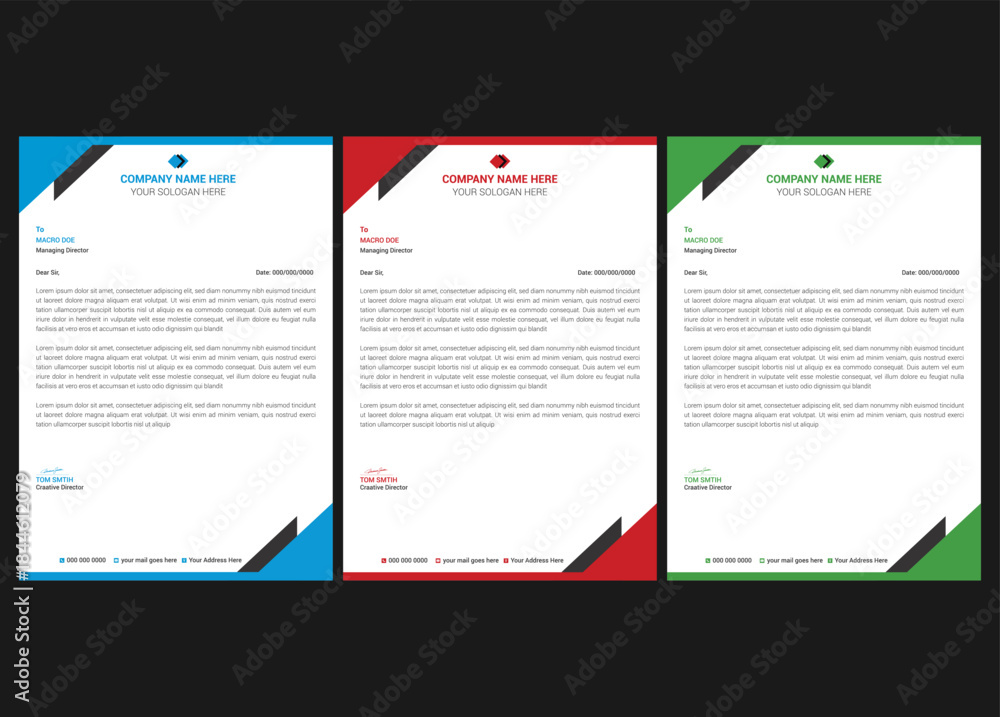 Obraz premium Creative and professional corporate company business letterhead template design with color variation bundle