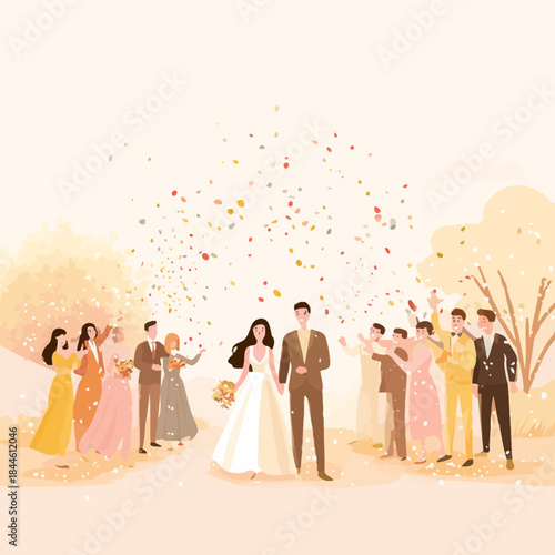 Newlywed couple walking with guests celebrating a wedding outdoors