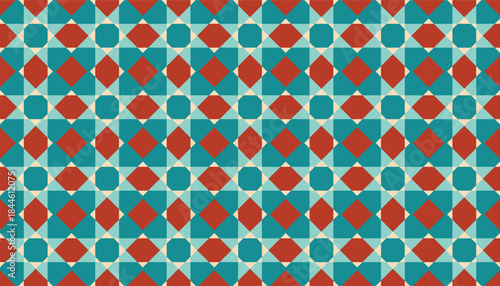 Seamless geometric pattern featuring diamond shapes arranged in a colorful grid. Retro-inspired seamless pattern with bold contrast.