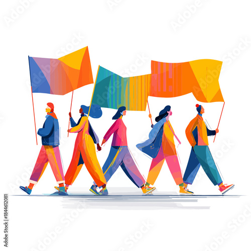 People marching with colorful flags in a protest