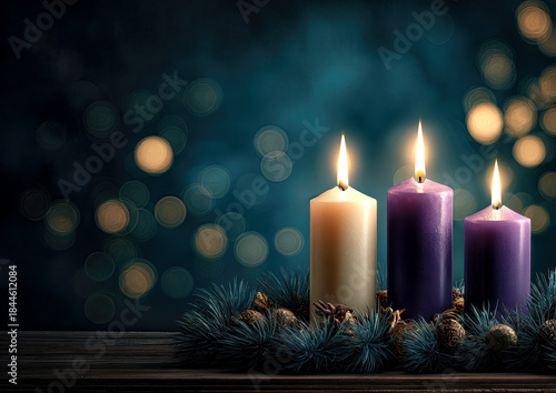 Three vibrant candles glow warmly in a cozy setting, nestled among green pine branches and golden pine cones. Soft bokeh lights create a magical atmosphere, evoking joy.
