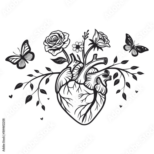 Anatomical human heart with blooming flowers and butterflies. Vector illustration of floral heart with roses and leaves. Vintage tattoo style.