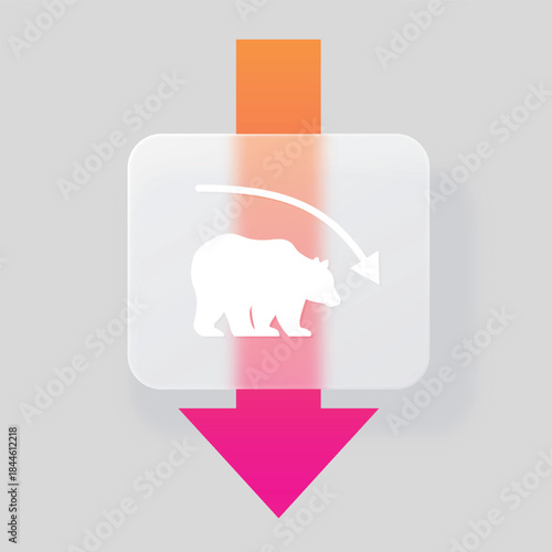 Business graphic chart graph with bull silhouette and glassmorphism effect, vector blur glass button on decrease arrow