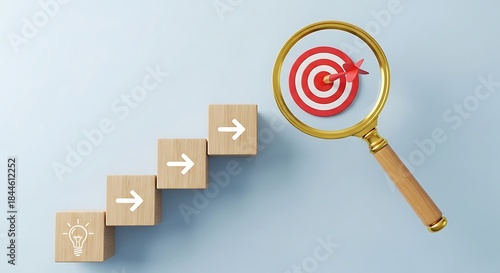 Wooden blocks illustrate step by step progress toward a clearly defined business goal under scrutiny