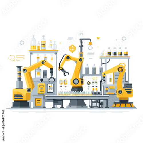 Robotic Arms Assembling Pharmaceuticals in a Factory