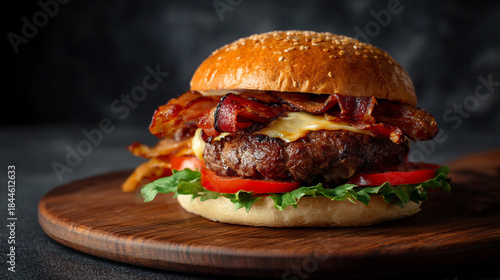 Classic Bacon Cheeseburger with Melting Cheese, Crisp Lettuce, and Dark Background