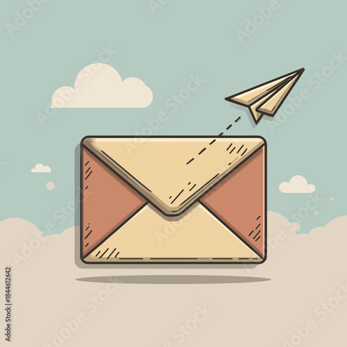 A paper envelope with a small paper airplane flying above