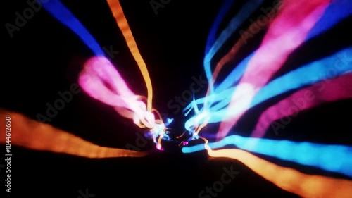 Colorful strands of light streak across a dark background, converging towards a central point