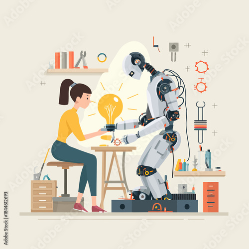 Woman and Robot exchanging idea in workshop environment