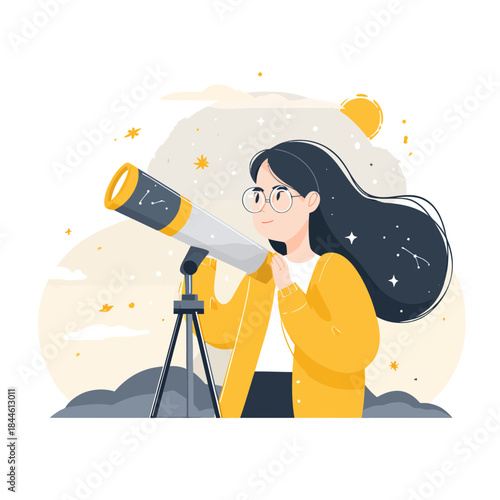Young Girl with Glasses Looking Through a Telescope