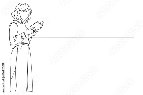 Line art drawing of a woman reading a book with a horizontal line for text