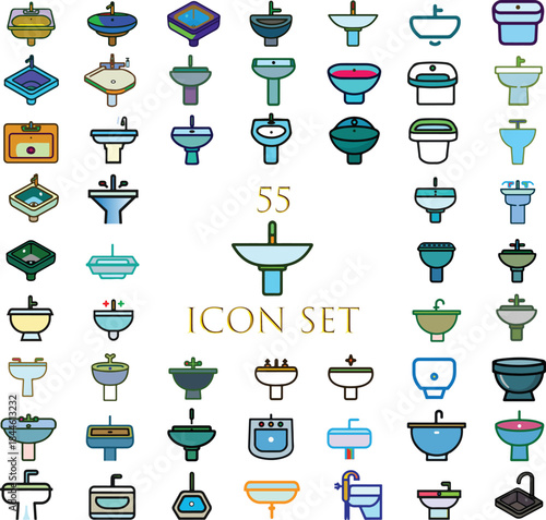 Modern flat illustration of sinks and washbasins in various styles suitable for bathroom, kitchen and interior design concepts